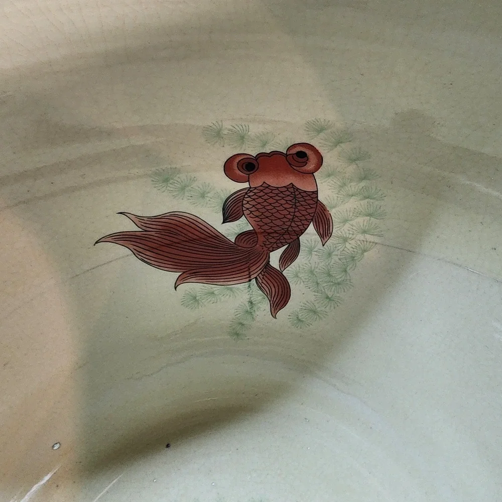 New England Pottery Imperial Fish Bowl 14" Ceramic Floral & Fish Pattern Round - Picture 5 of 6